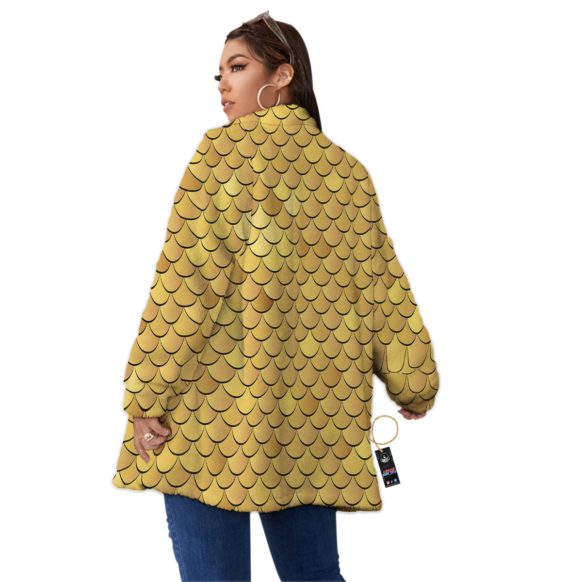 Gold Fish Scales Print Women's Sherpa Jacket-grizzshop