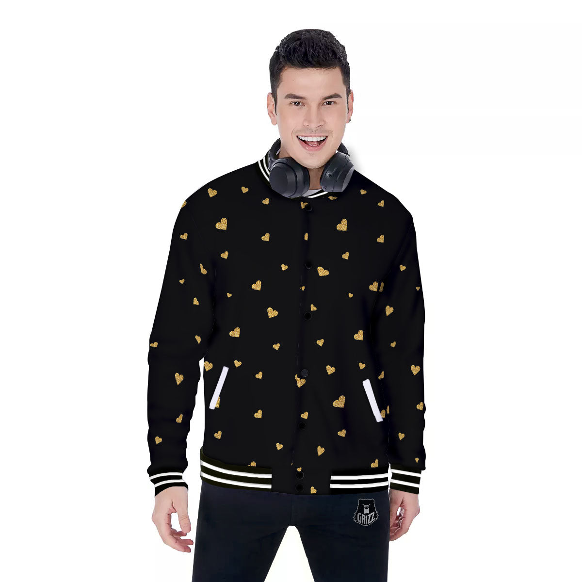 Gold Heart Black Print Pattern Baseball Jacket-grizzshop