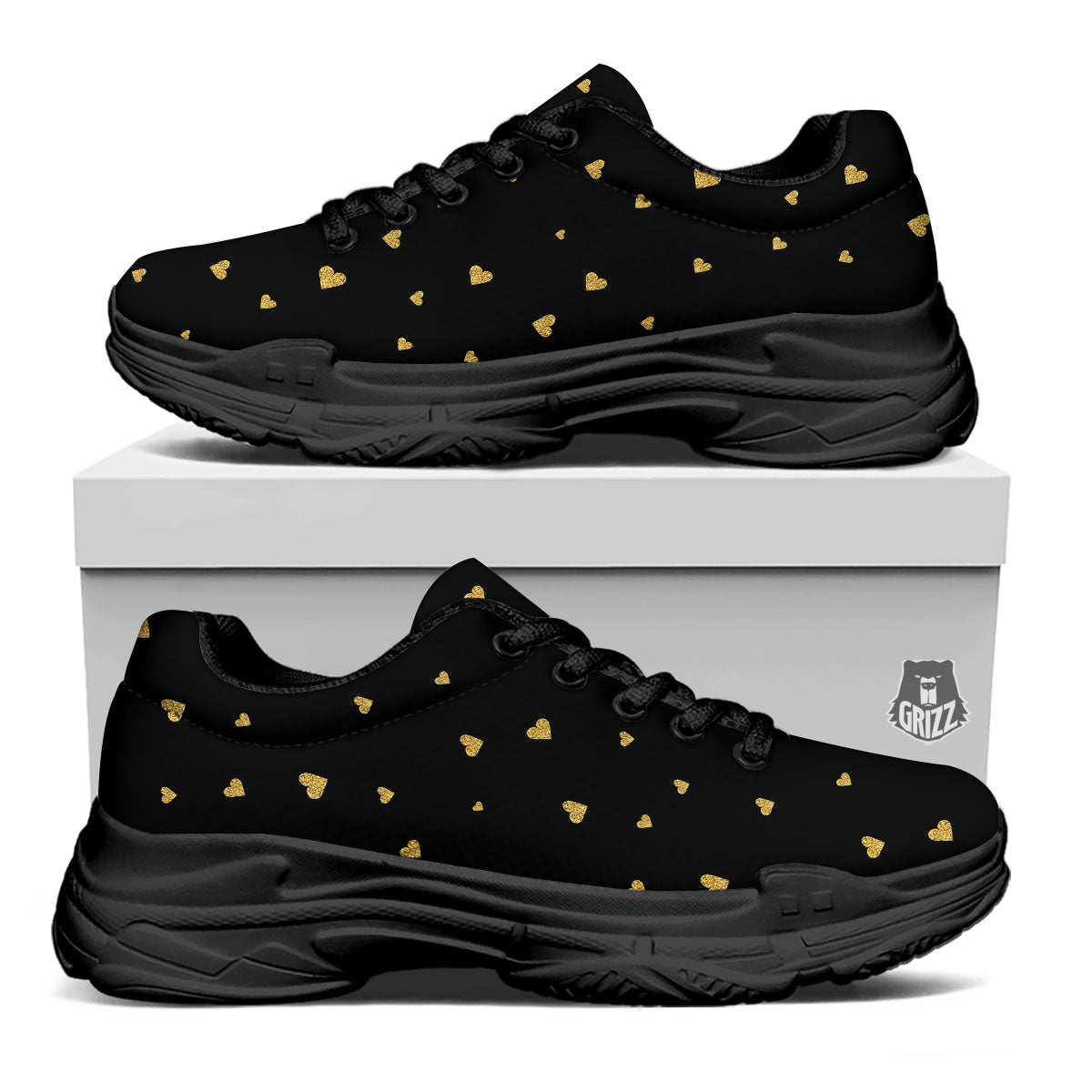 Gold Heart Black Print Pattern Black Chunky Shoes-grizzshop