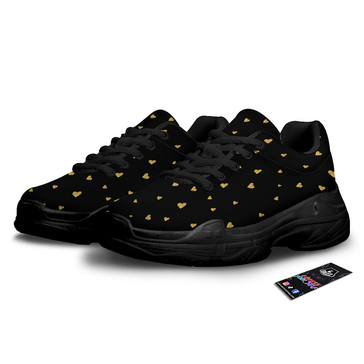 Gold Heart Black Print Pattern Black Chunky Shoes-grizzshop