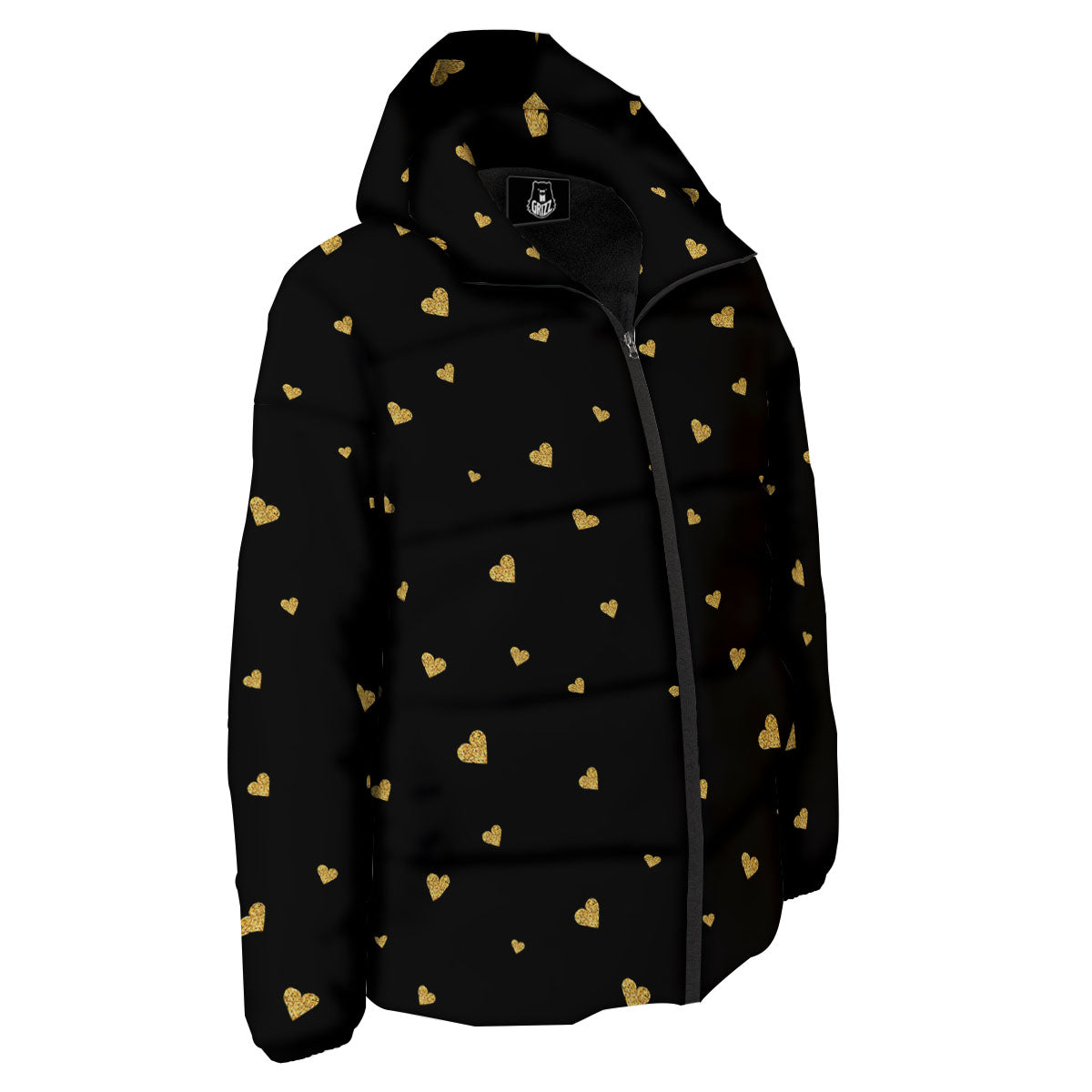 Gold Heart Black Print Pattern Down Jacket-grizzshop