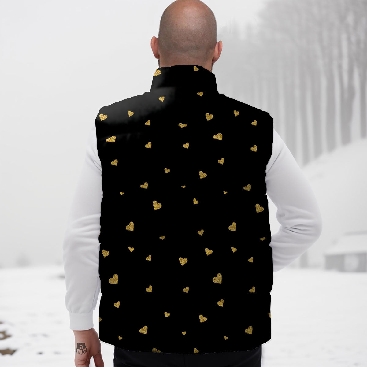 Gold Heart Black Print Pattern Down Vest