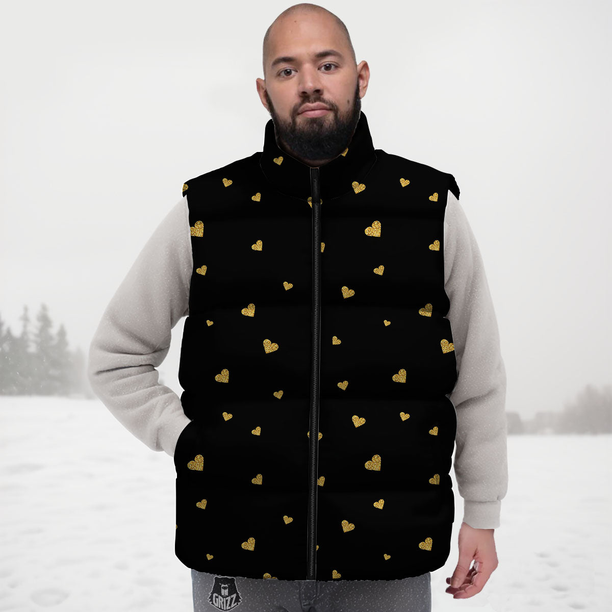 Gold Heart Black Print Pattern Down Vest