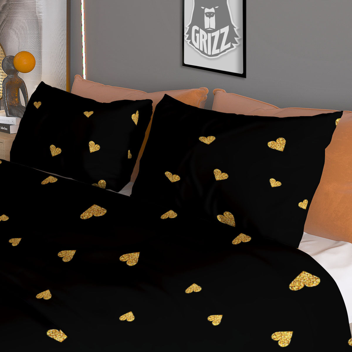 Gold Heart Black Print Pattern Duvet Cover Bedding Set