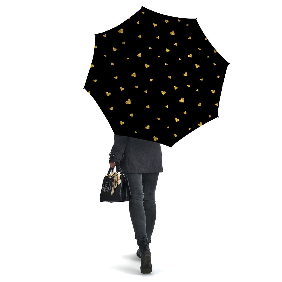 Gold Heart Black Print Pattern Umbrella-grizzshop