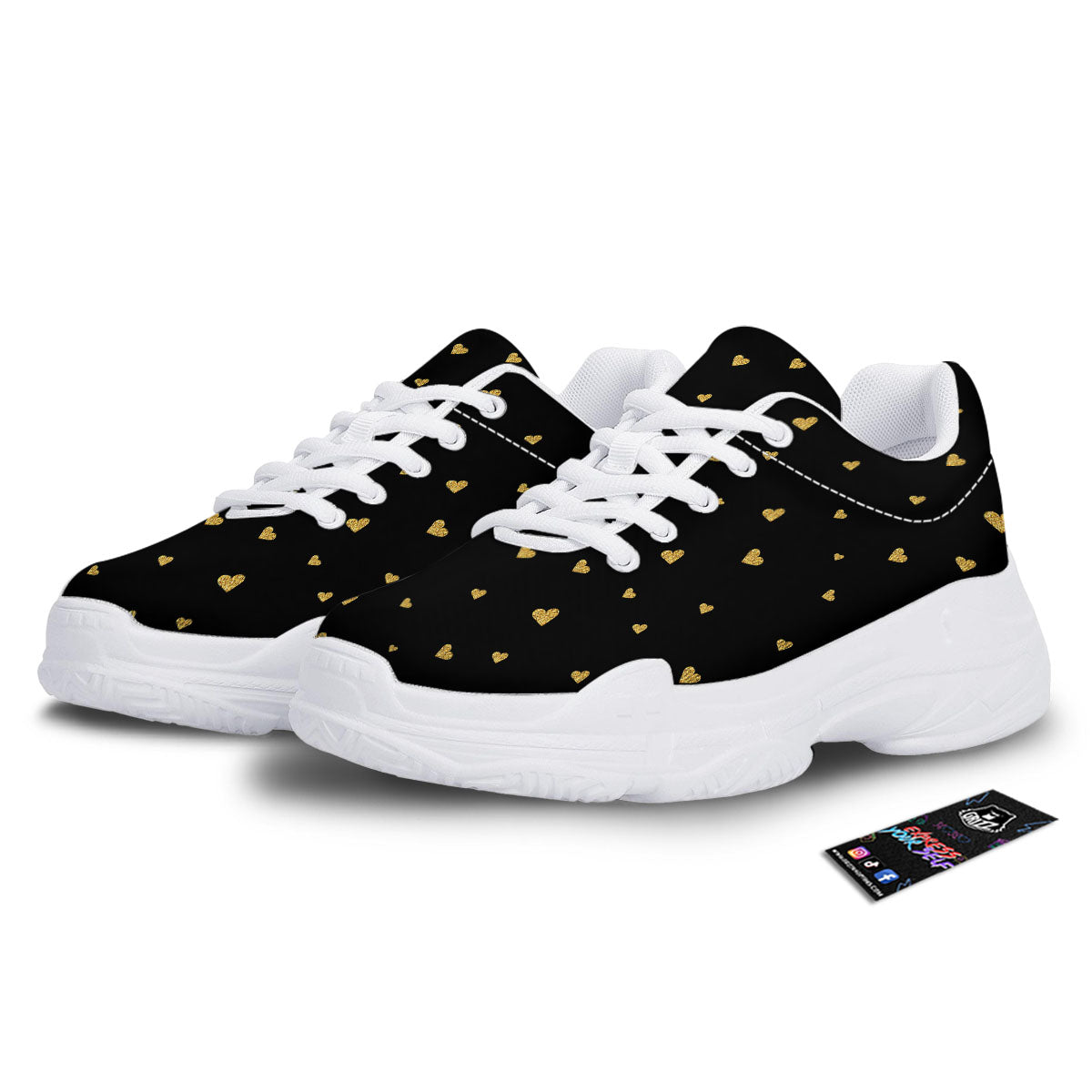 Gold Heart Black Print Pattern White Chunky Shoes-grizzshop