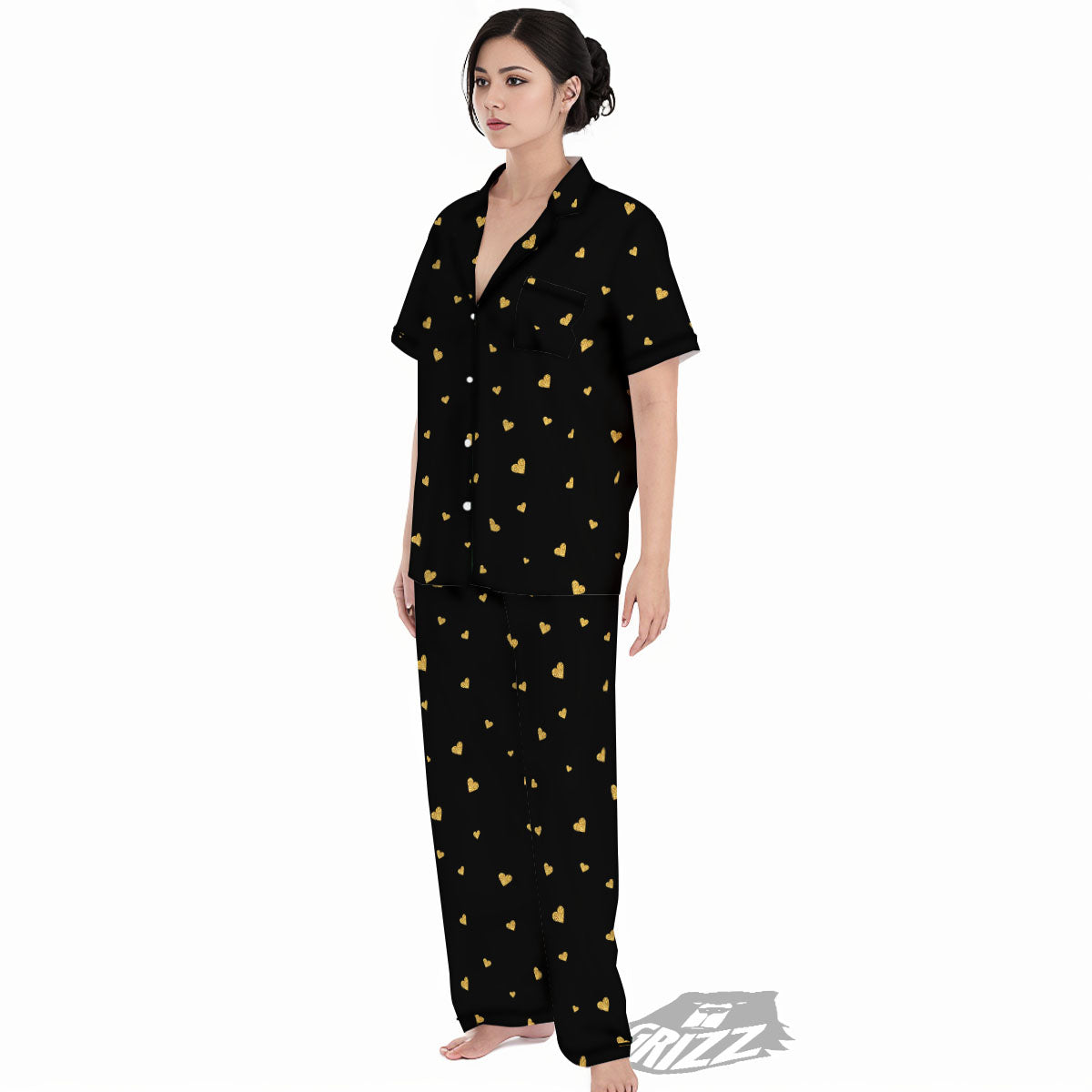 Gold Heart Black Print Pattern Women's Pajamas Set-grizzshop