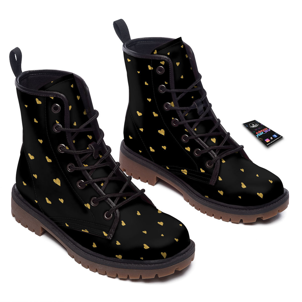 Gold Heart Black Print Pattern Work Boots-grizzshop