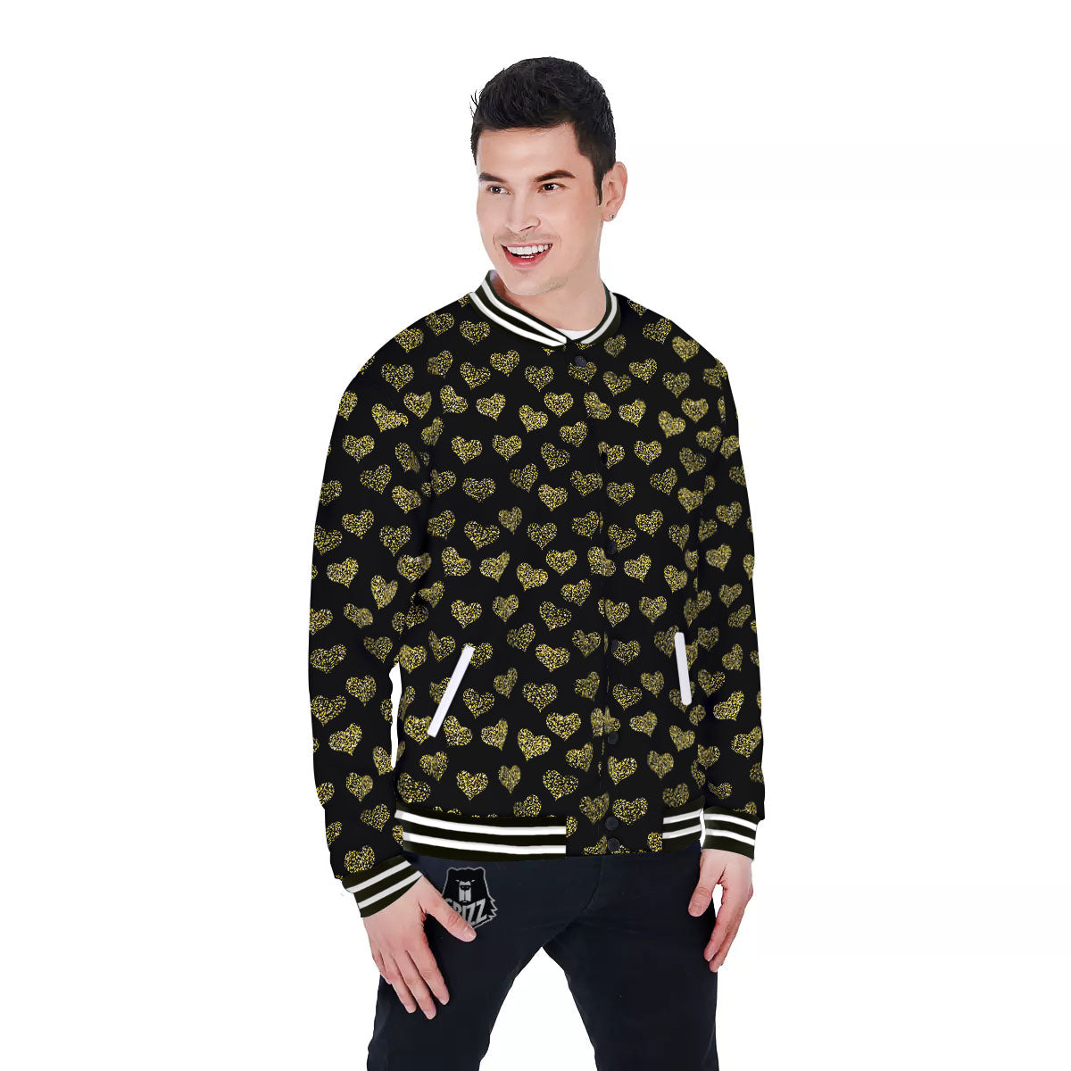 Gold Heart Glitter Print Pattern Baseball Jacket-grizzshop