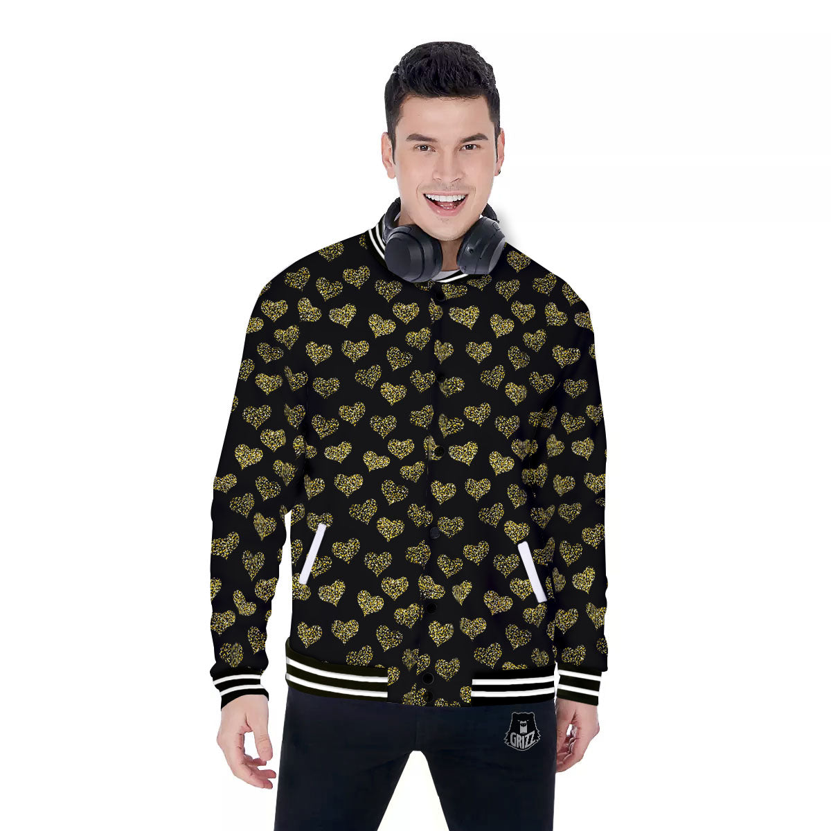 Gold Heart Glitter Print Pattern Baseball Jacket-grizzshop
