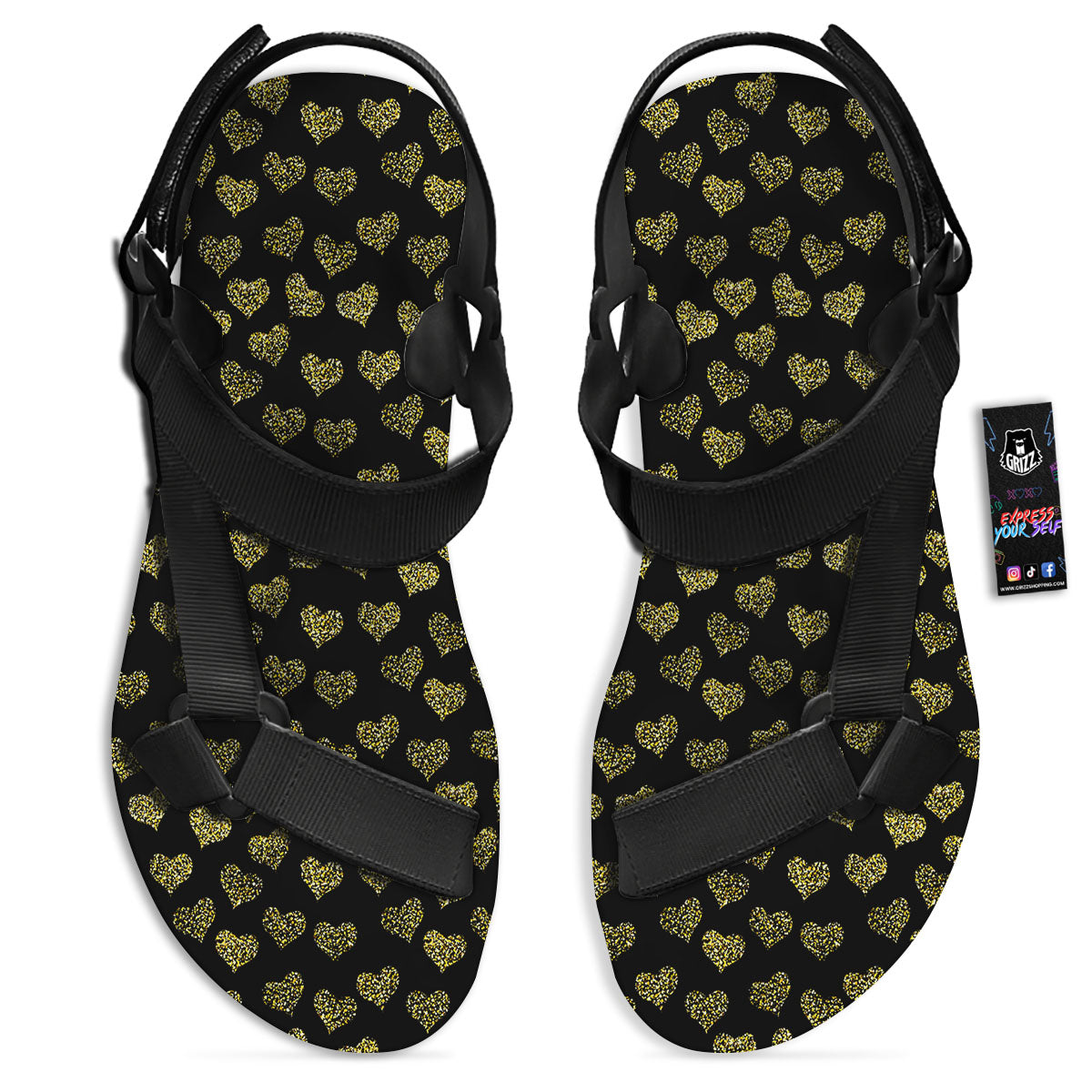 Gold Heart Glitter Print Pattern Black Open Toe Sandals-grizzshop
