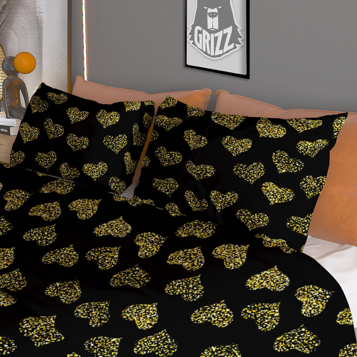 Gold Heart Glitter Print Pattern Duvet Cover Bedding Set