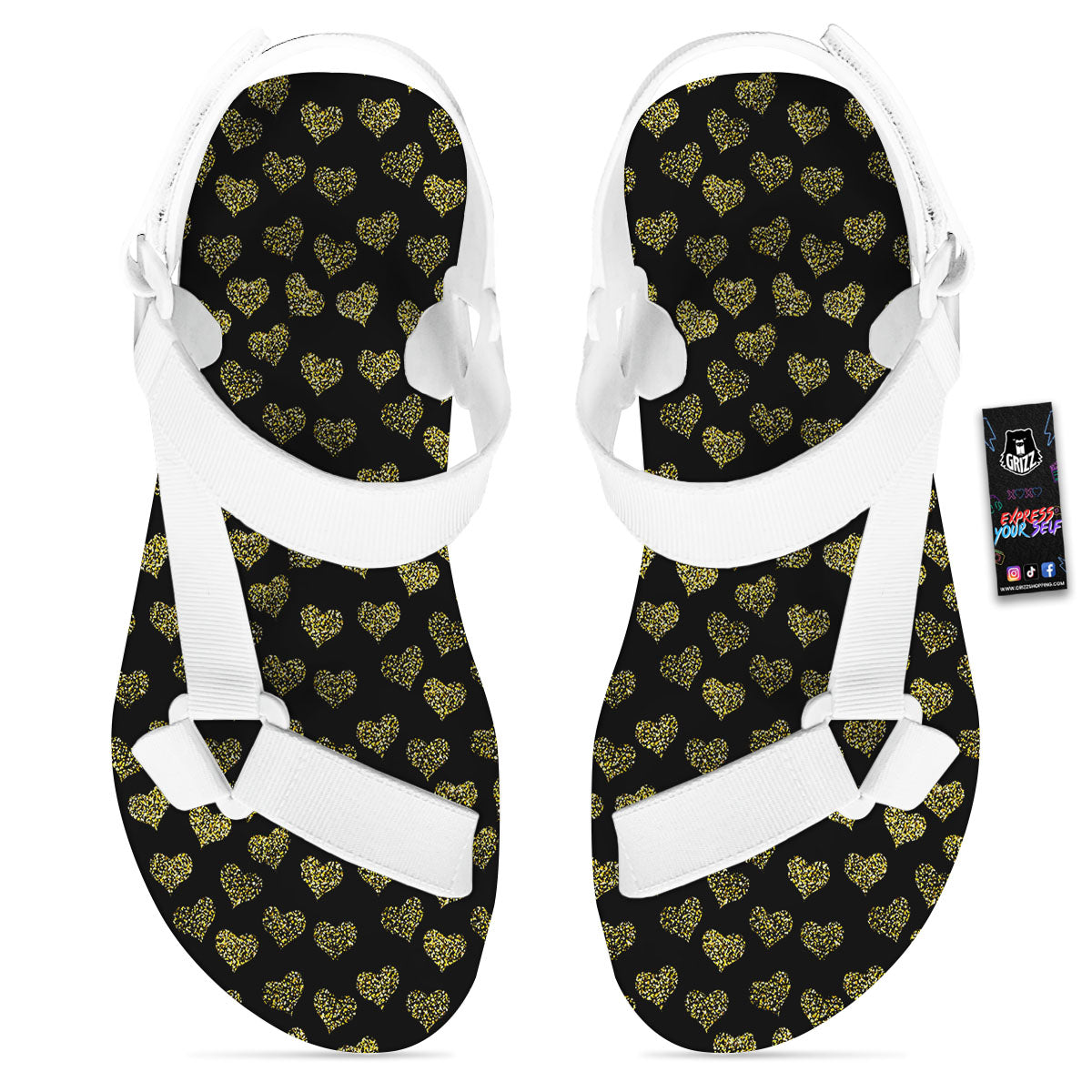 Gold Heart Glitter Print Pattern White Open Toe Sandals-grizzshop