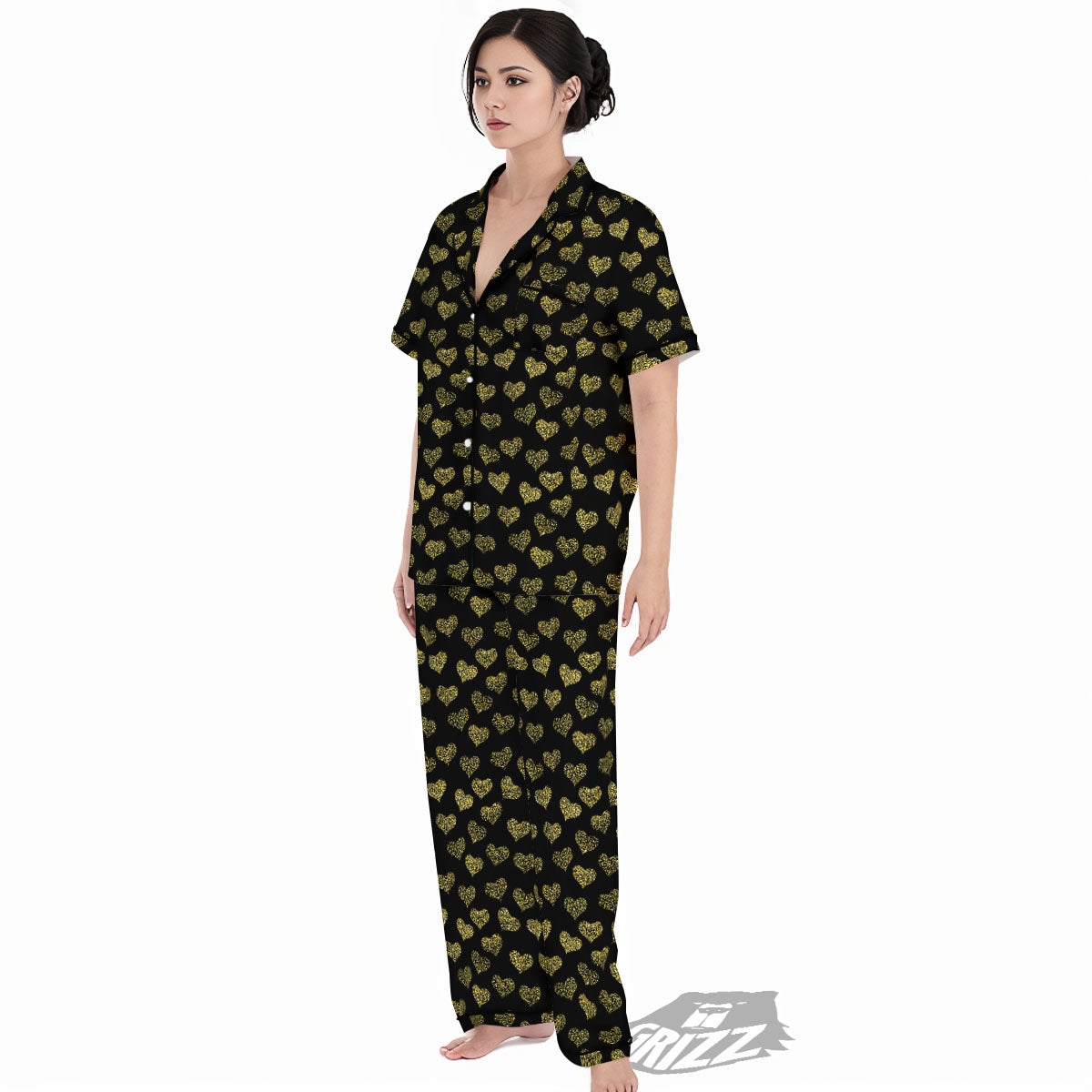 Gold Heart Glitter Print Pattern Women's Pajamas Set-grizzshop