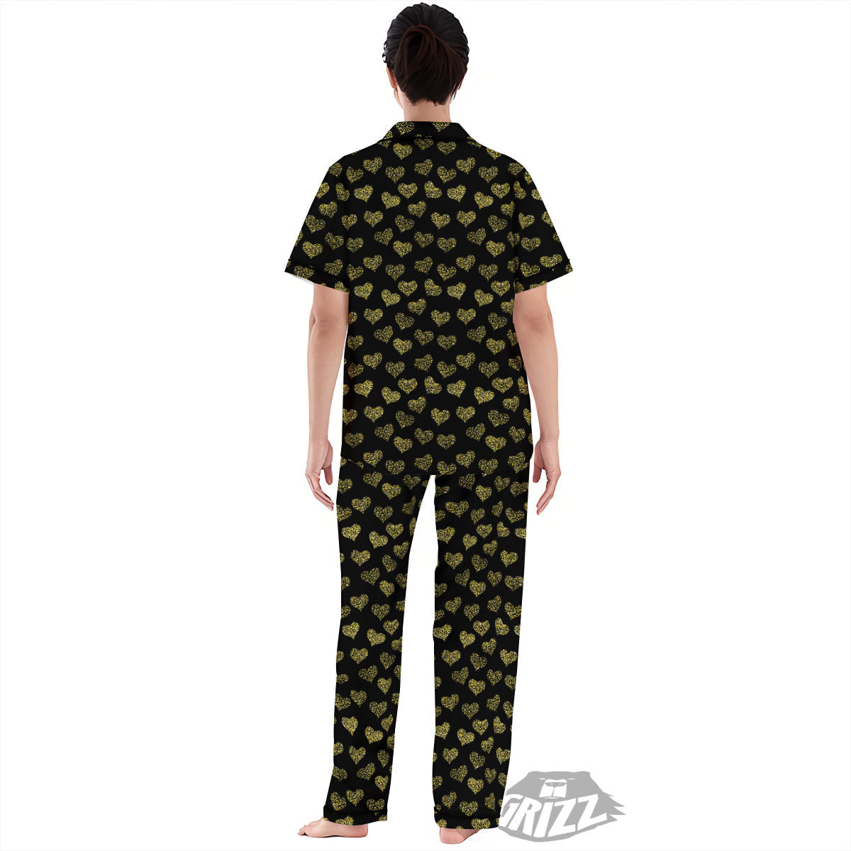 Gold Heart Glitter Print Pattern Women's Pajamas Set-grizzshop