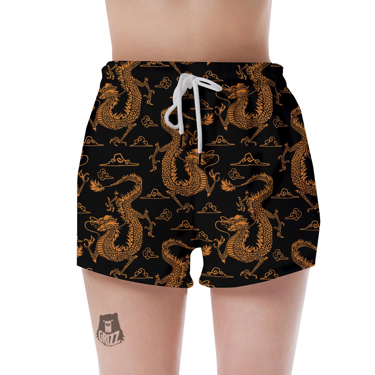 Gold Janpanese Dragon Print Women's Shorts-grizzshop