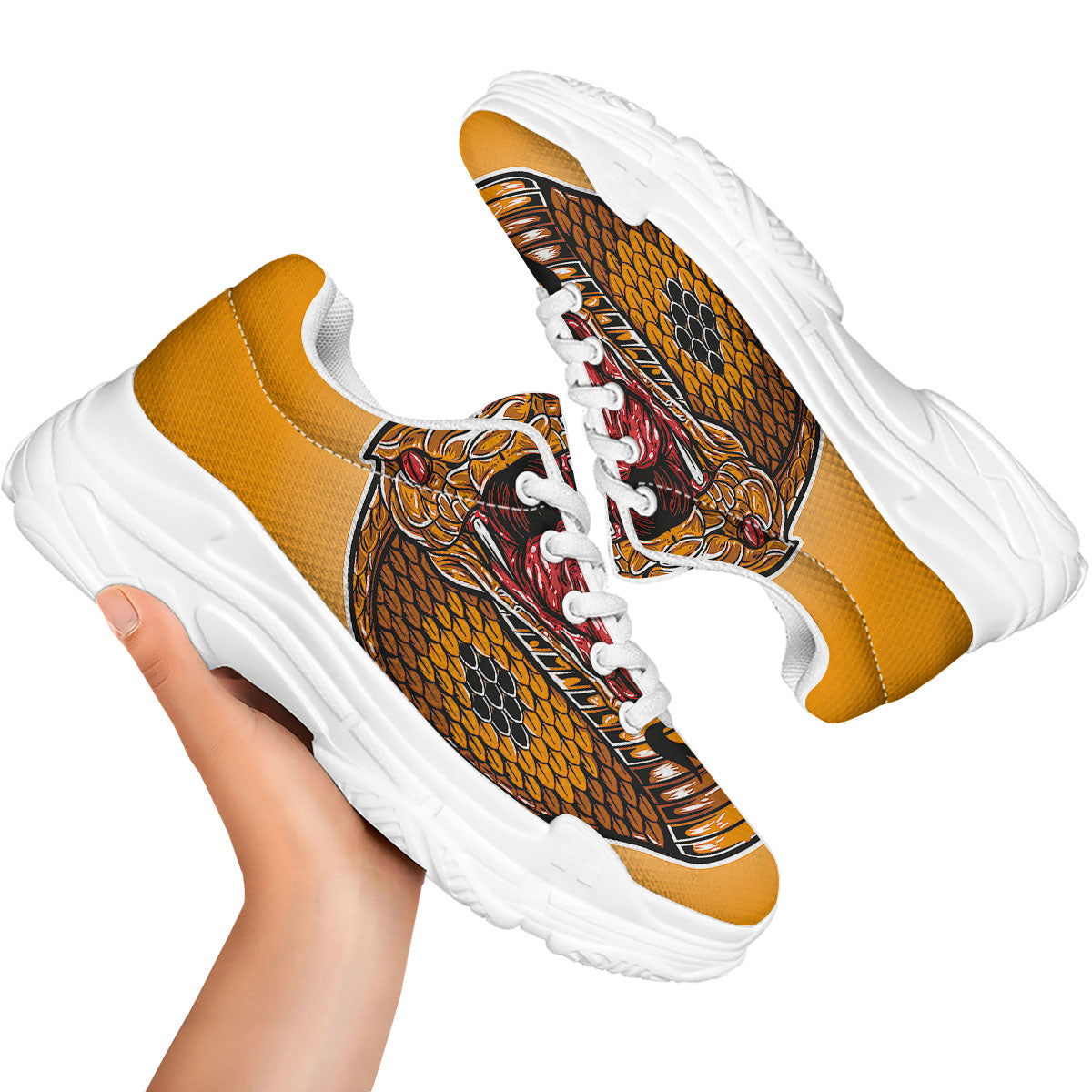 Gold King Cobra Snake Head Print White Chunky Shoes-grizzshop