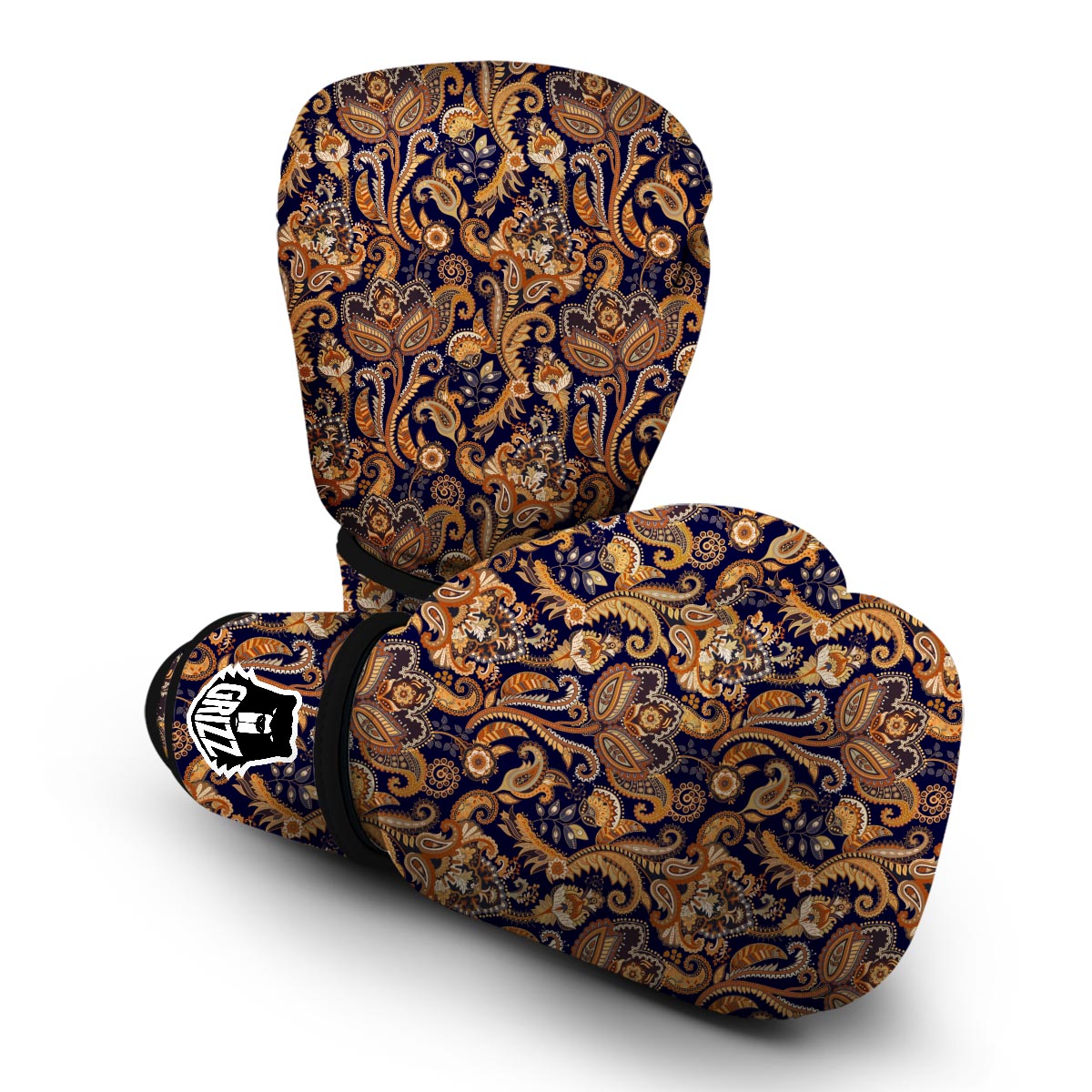 Gold Paisley Pattern Print Boxing Gloves-grizzshop