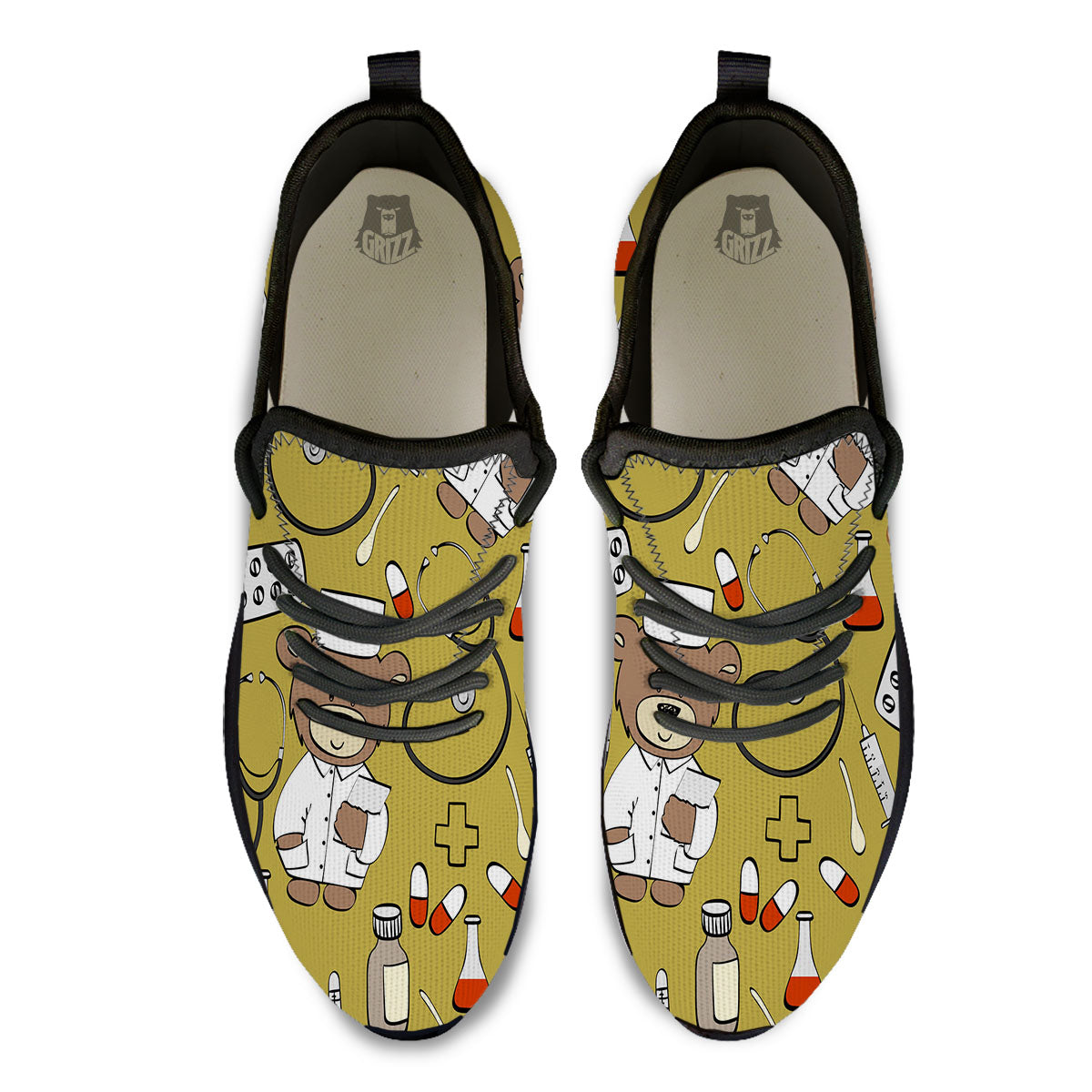 Gold Teddy Bear Nurse Black Athletic Shoes-grizzshop