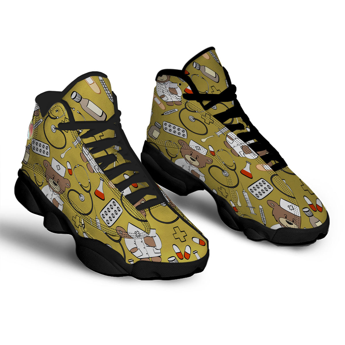 Gold Teddy Bear Nurse Black Basketball Shoes-grizzshop