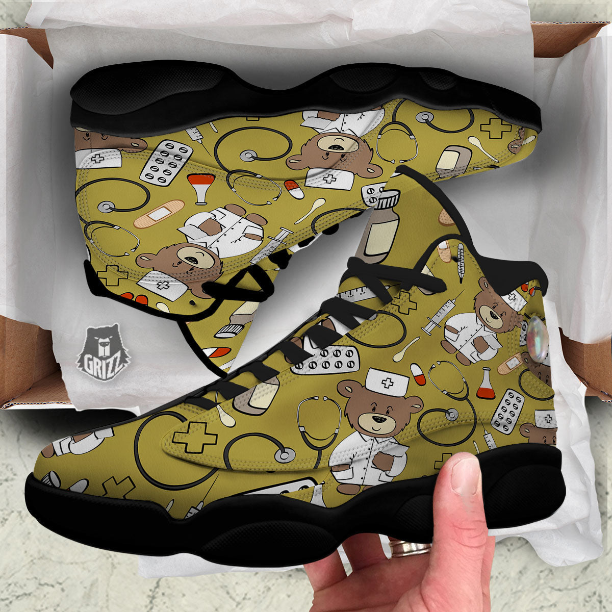 Gold Teddy Bear Nurse Black Basketball Shoes-grizzshop