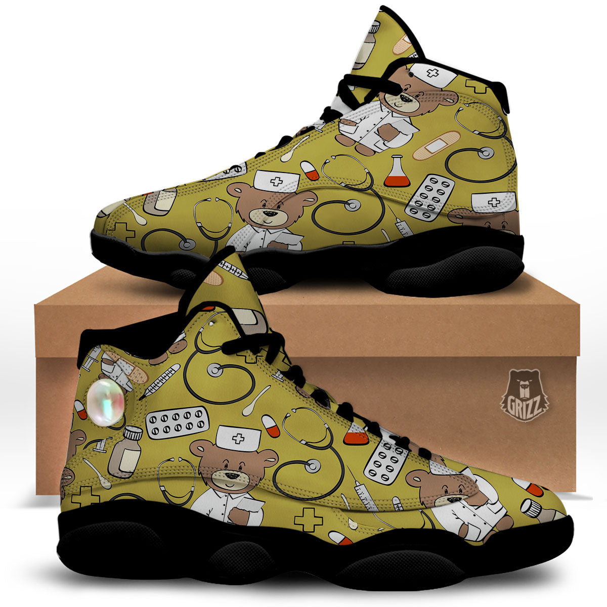 Gold Teddy Bear Nurse Black Basketball Shoes-grizzshop