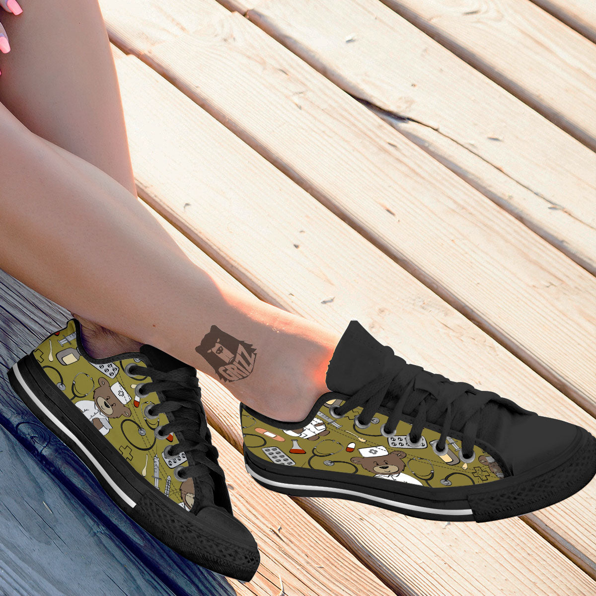 Gold Teddy Bear Nurse Black Low Top Shoes-grizzshop