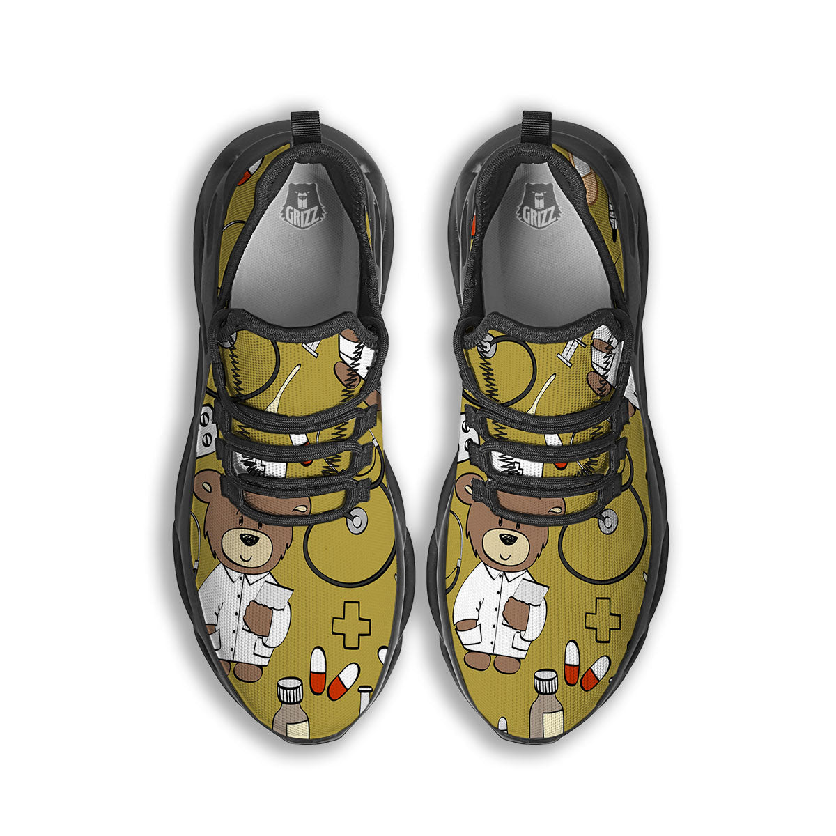 Gold Teddy Bear Nurse Black Running Shoes-grizzshop