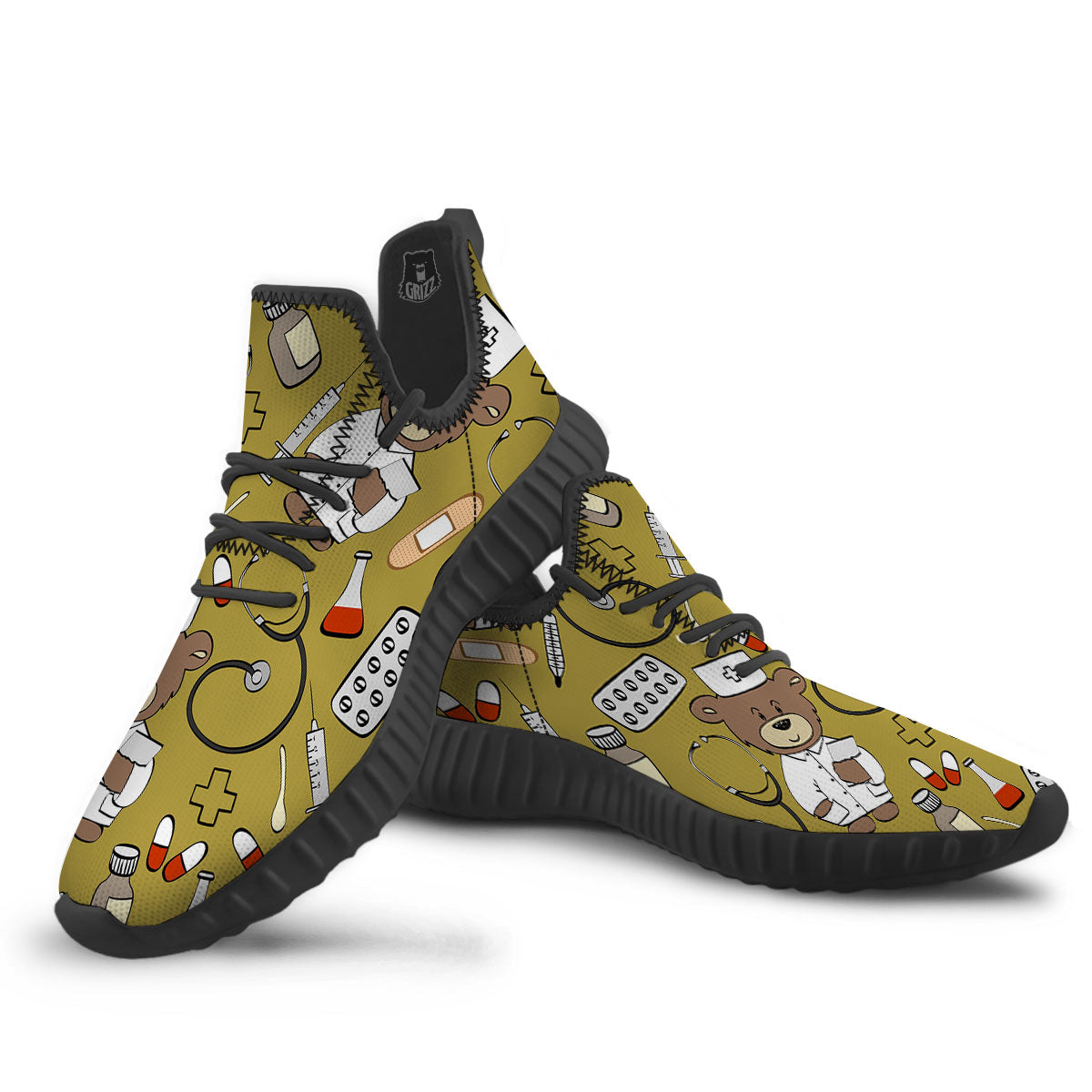 Gold Teddy Bear Nurse Black Walking Shoes-grizzshop
