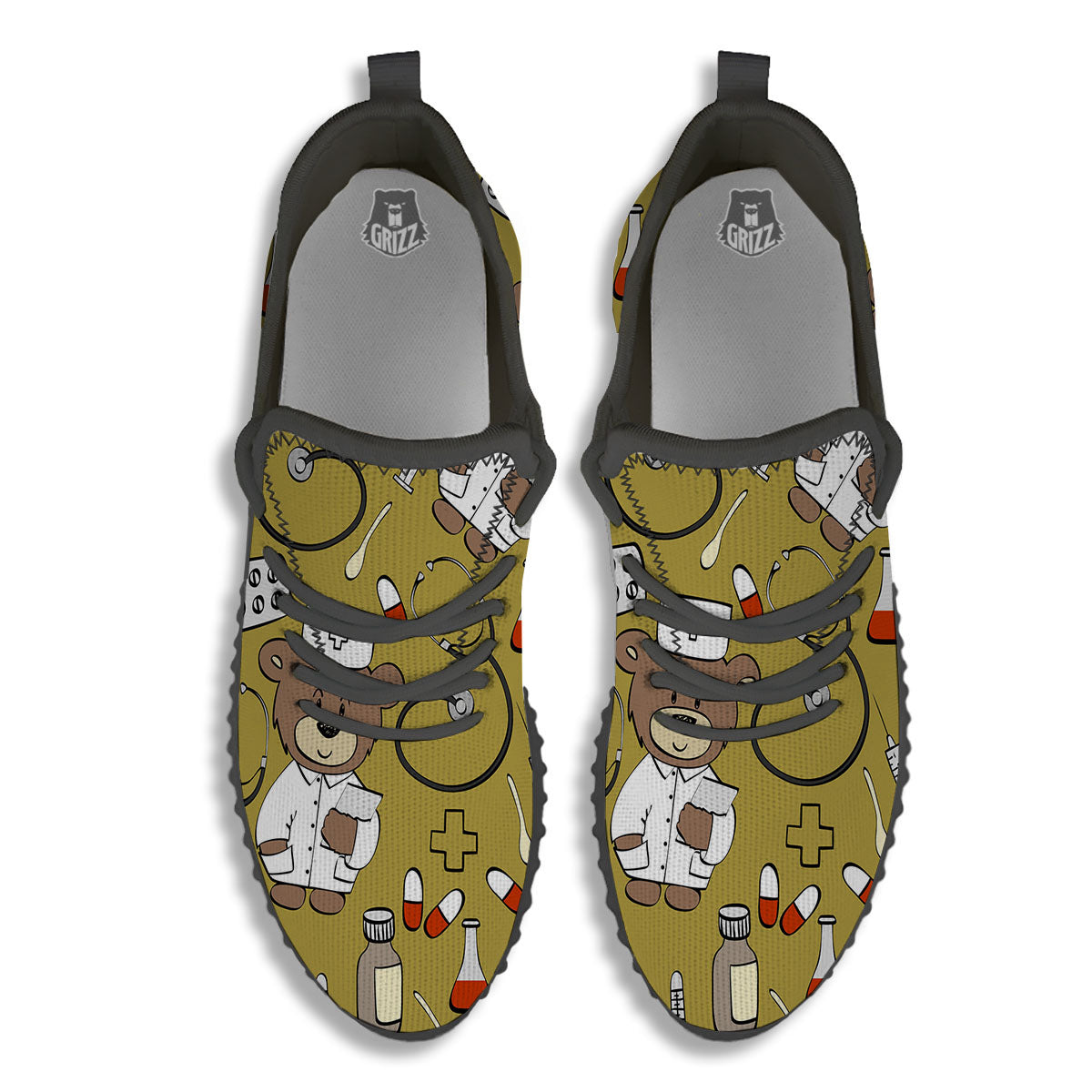 Gold Teddy Bear Nurse Black Walking Shoes-grizzshop