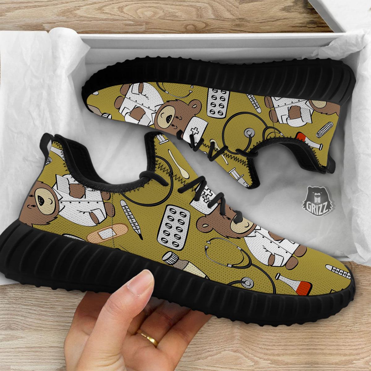 Gold Teddy Bear Nurse Black Walking Shoes-grizzshop