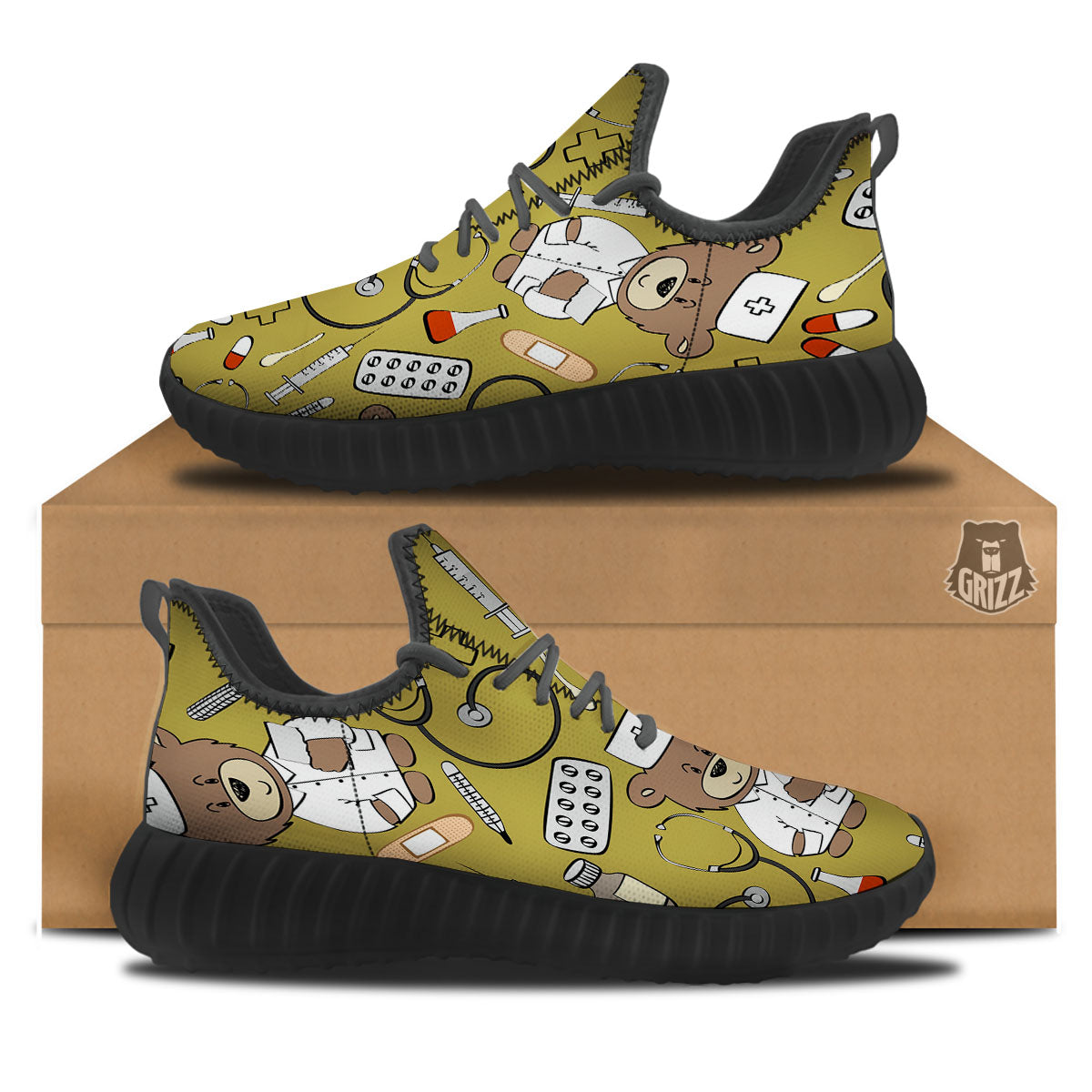 Gold Teddy Bear Nurse Black Walking Shoes-grizzshop