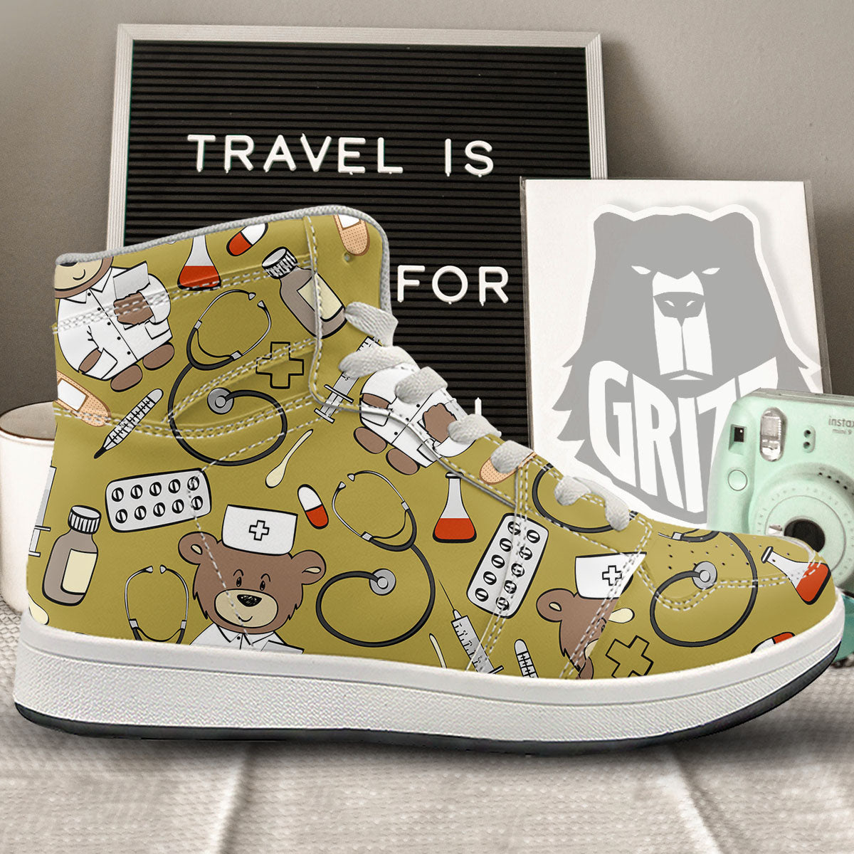 Gold Teddy Bear Nurse High Top Sneakers-grizzshop