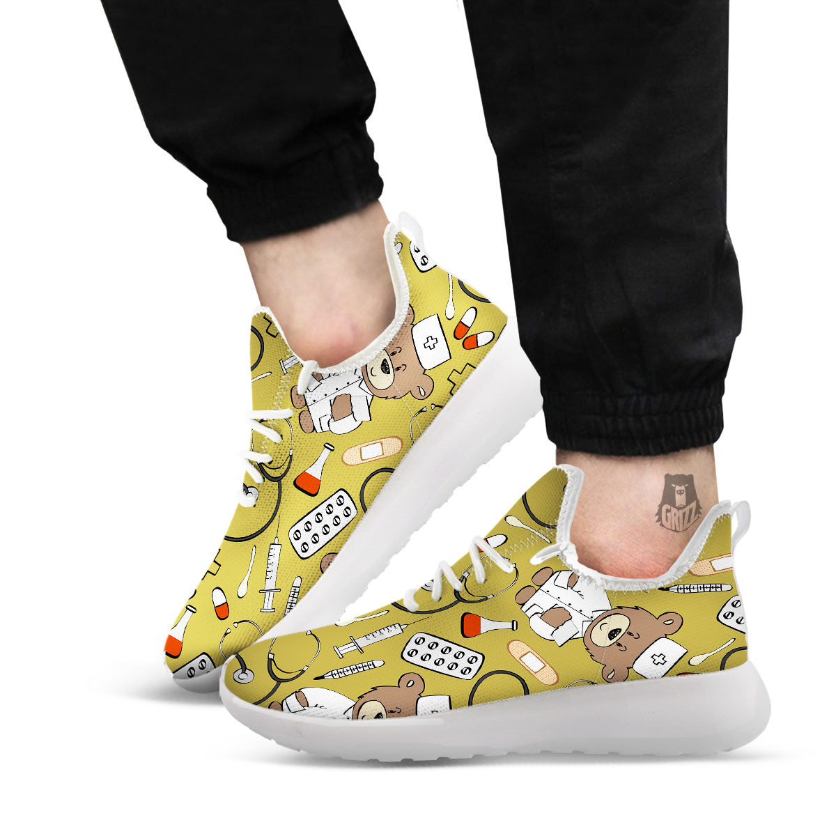 Gold Teddy Bear Nurse White Athletic Shoes-grizzshop