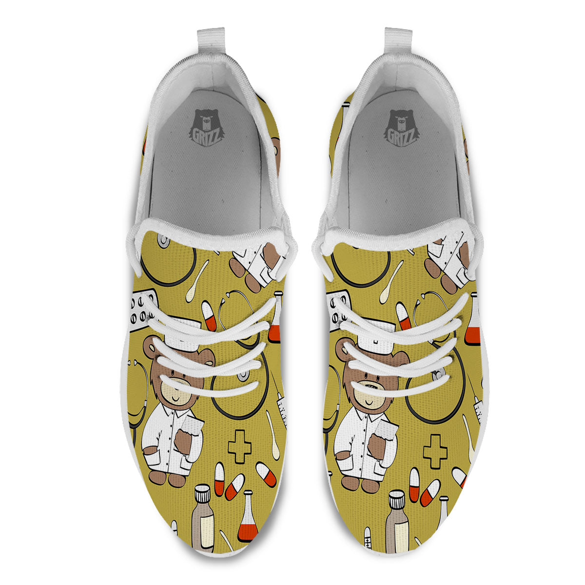 Gold Teddy Bear Nurse White Athletic Shoes-grizzshop