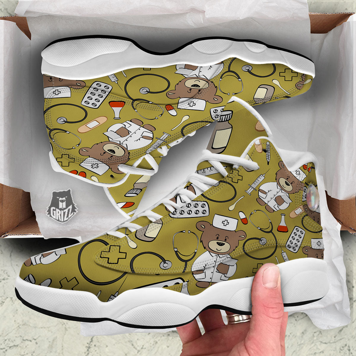 Gold Teddy Bear Nurse White Basketball Shoes-grizzshop
