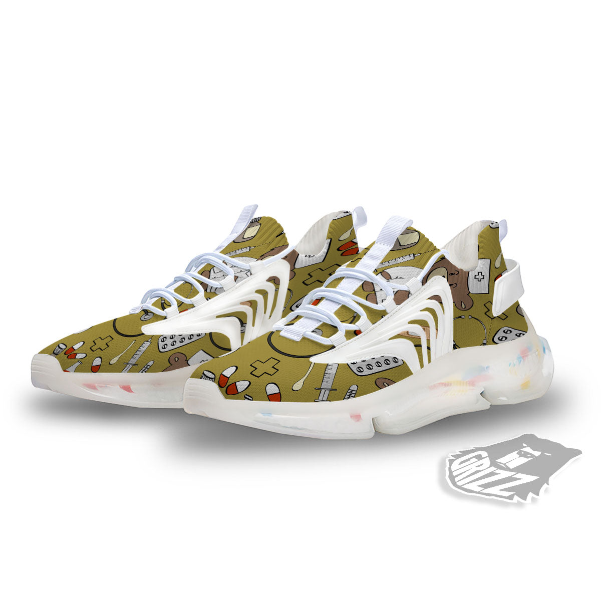 Gold Teddy Bear Nurse White Gym Shoes-grizzshop