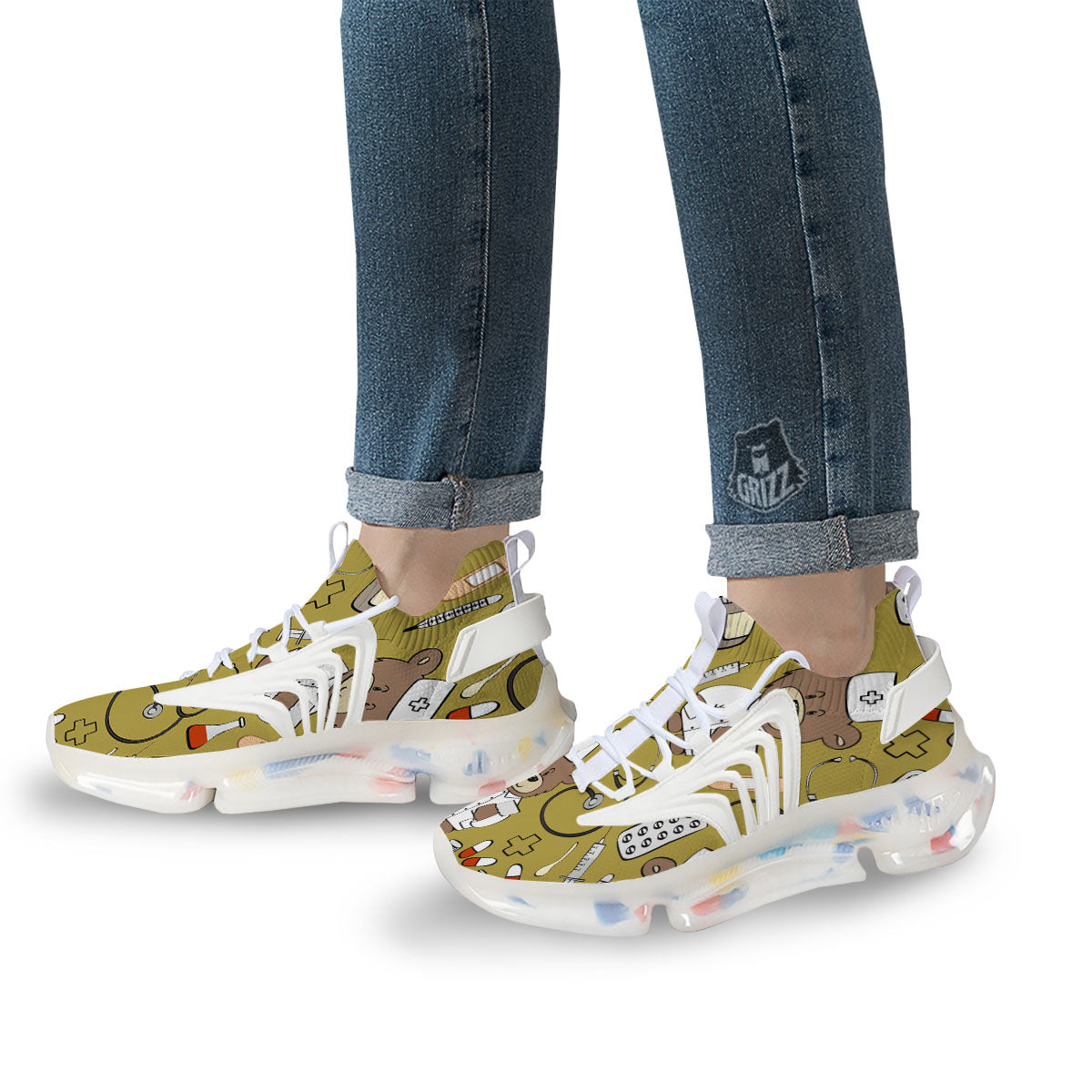 Gold Teddy Bear Nurse White Gym Shoes-grizzshop