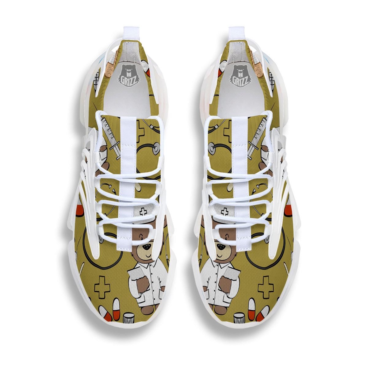 Gold Teddy Bear Nurse White Gym Shoes-grizzshop