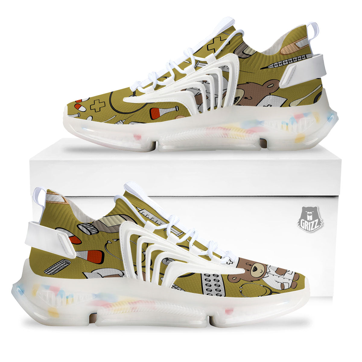 Gold Teddy Bear Nurse White Gym Shoes-grizzshop
