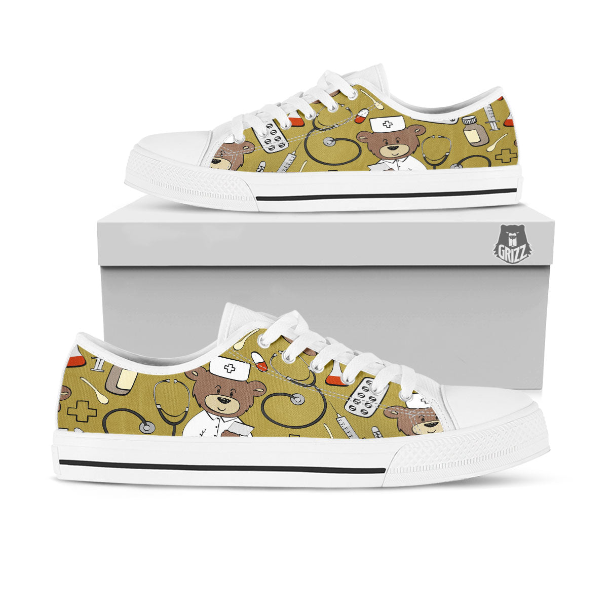 Gold Teddy Bear Nurse White Low Top Shoes-grizzshop