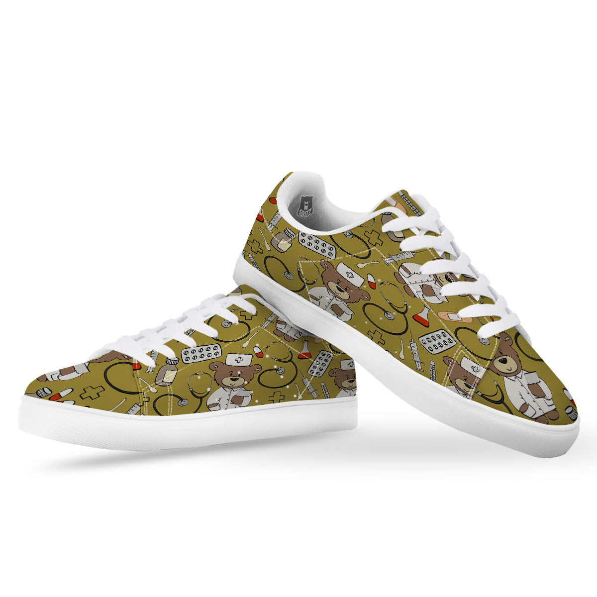 Gold Teddy Bear Nurse White Low Top Sneakers-grizzshop