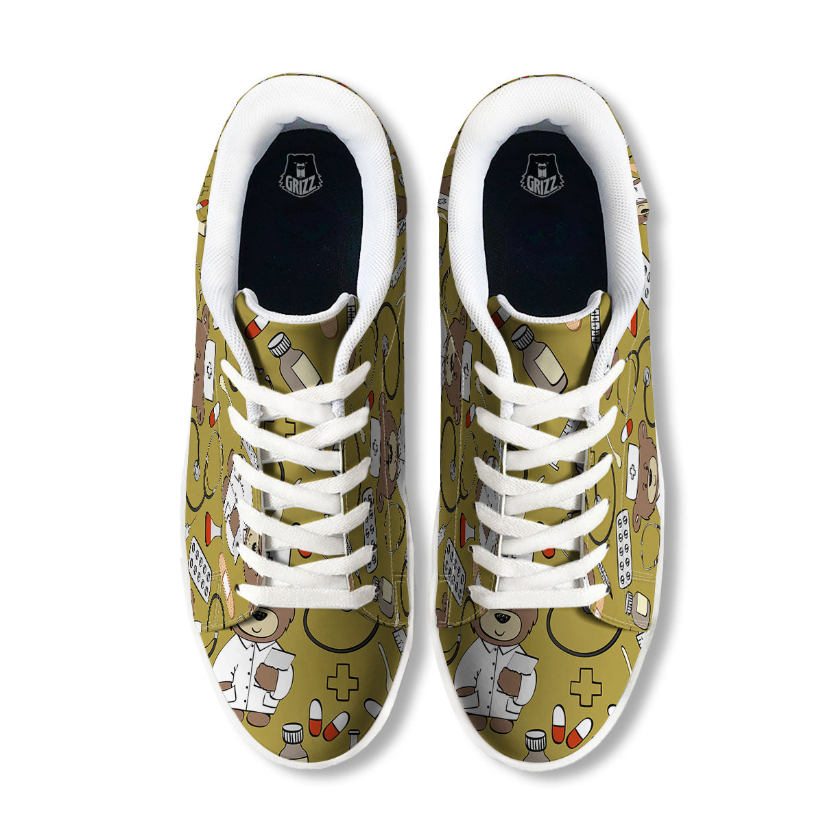 Gold Teddy Bear Nurse White Low Top Sneakers-grizzshop