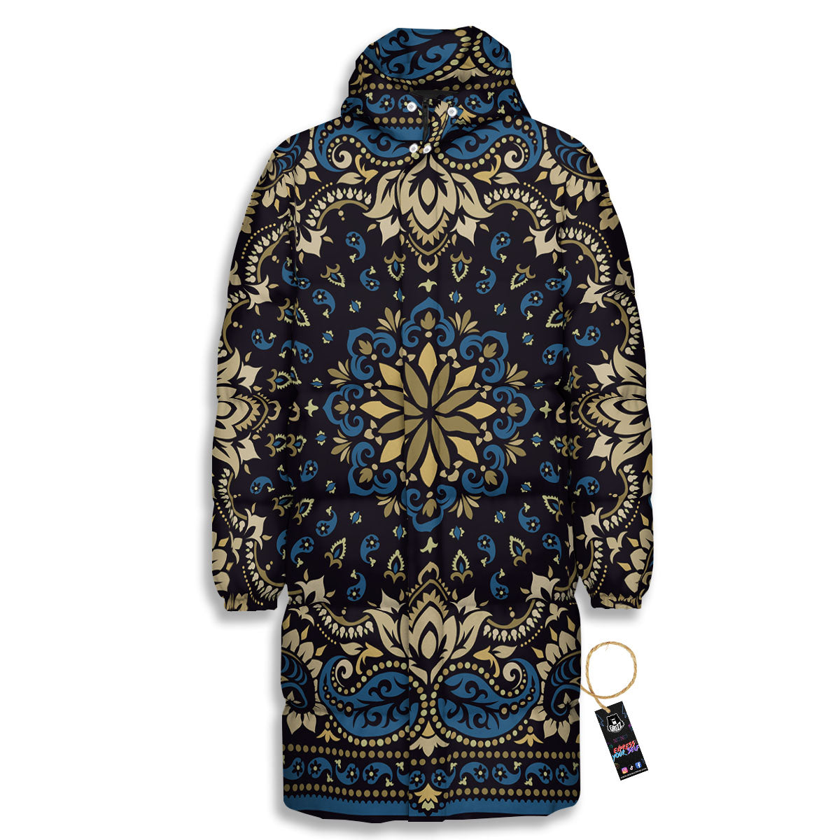 Gold Blue Paisley Bandana Print Long Down Jacket
