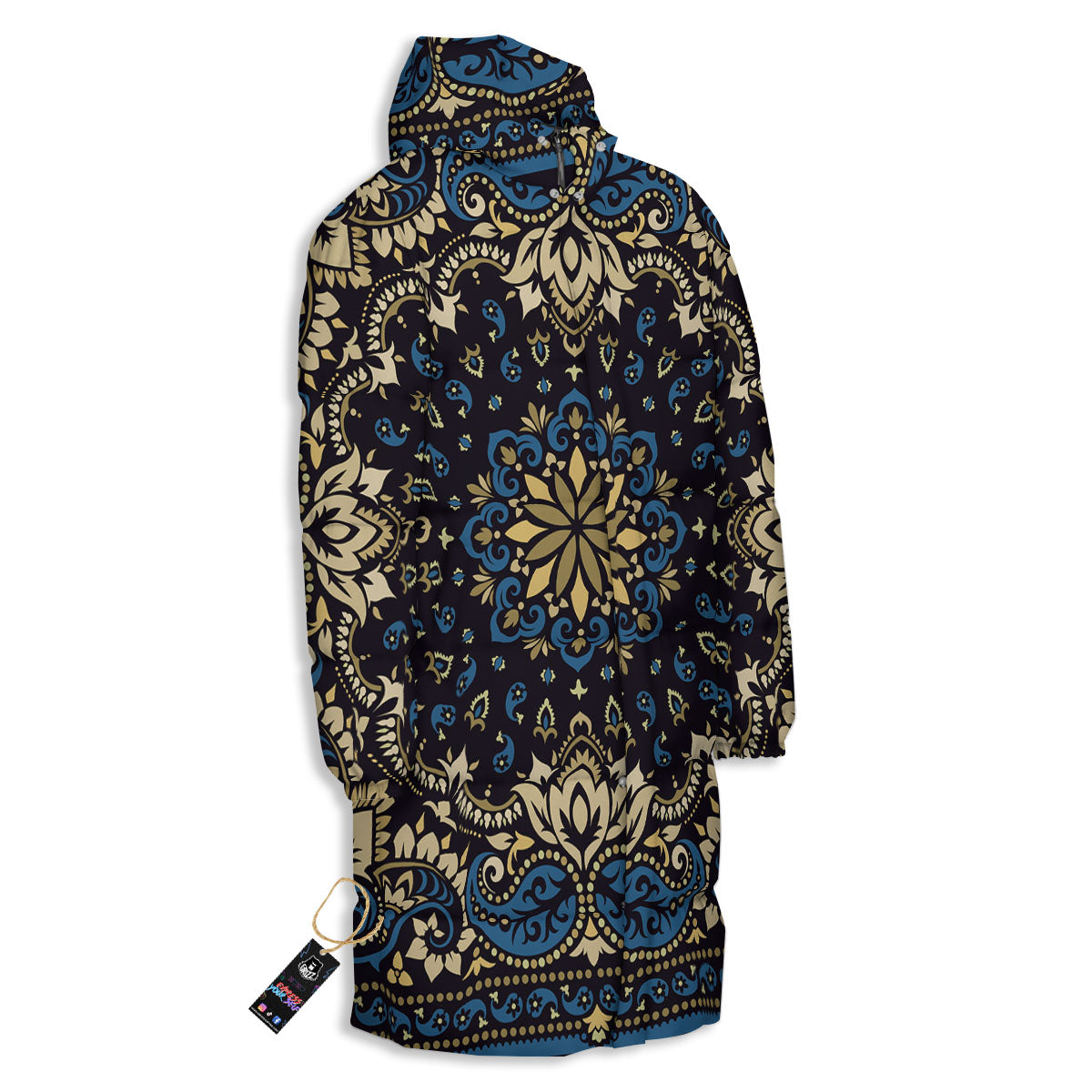 Gold Blue Paisley Bandana Print Long Down Jacket