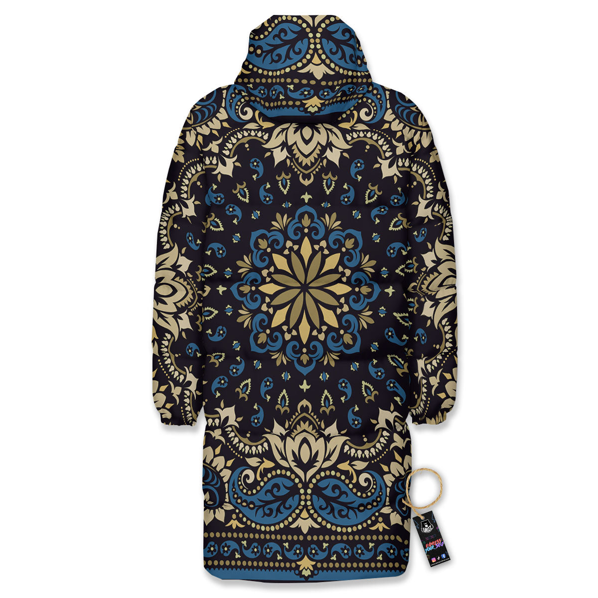 Gold Blue Paisley Bandana Print Long Down Jacket
