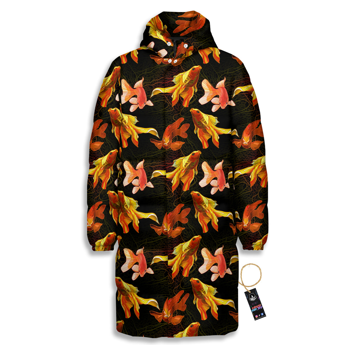 Gold Fish Drawing Print Pattern Long Down Jacket