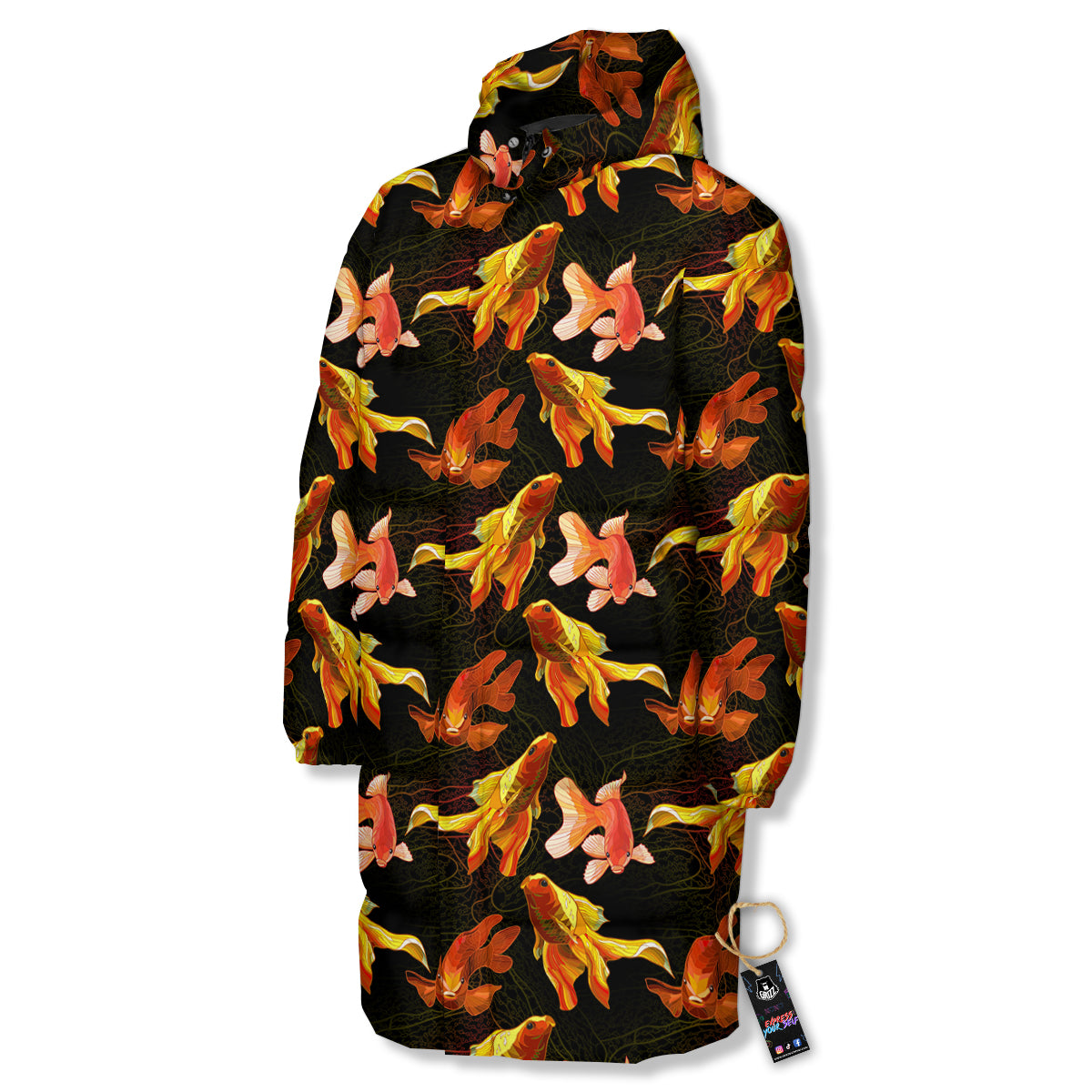 Gold Fish Drawing Print Pattern Long Down Jacket