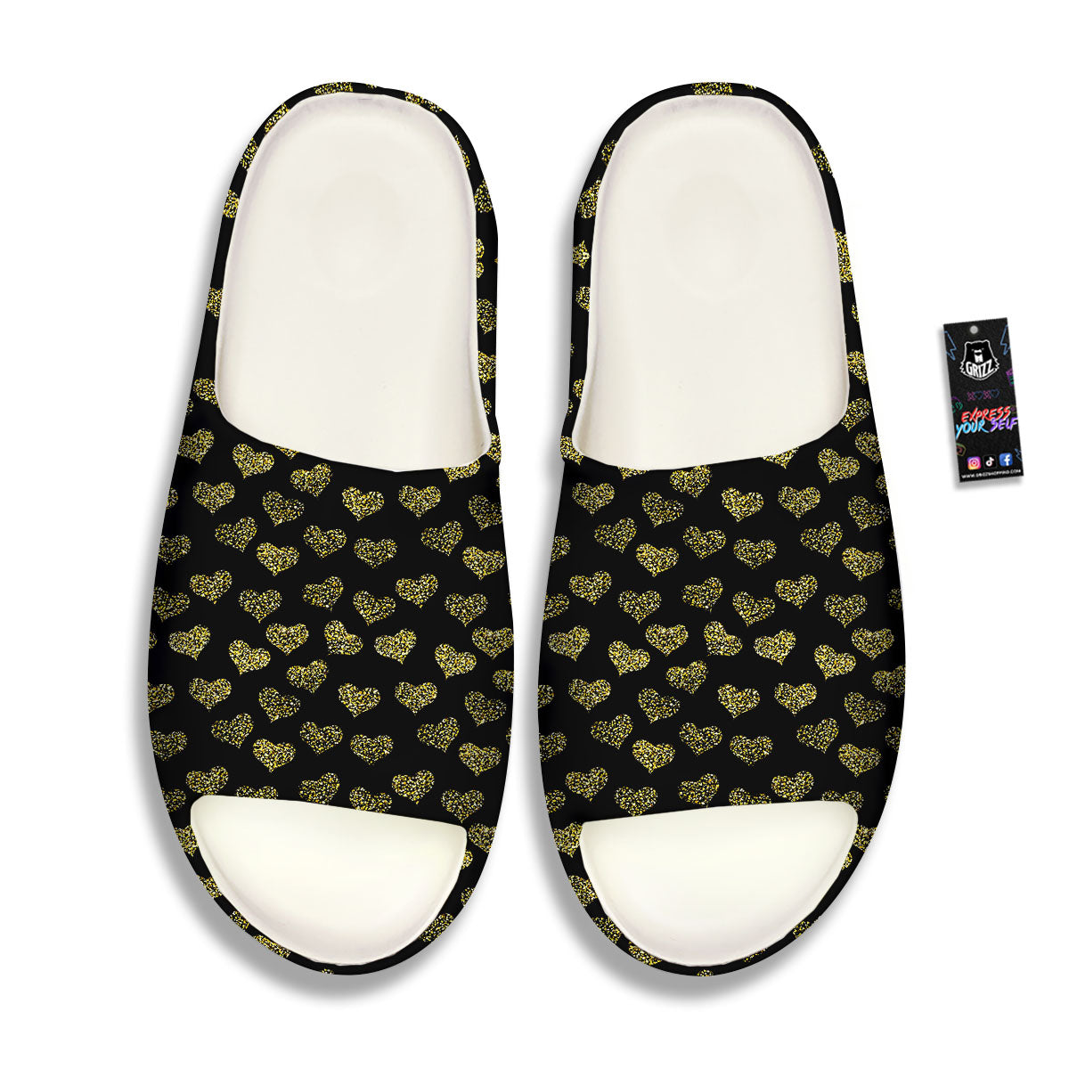Gold Heart Glitter Print Pattern Sandals-grizzshop