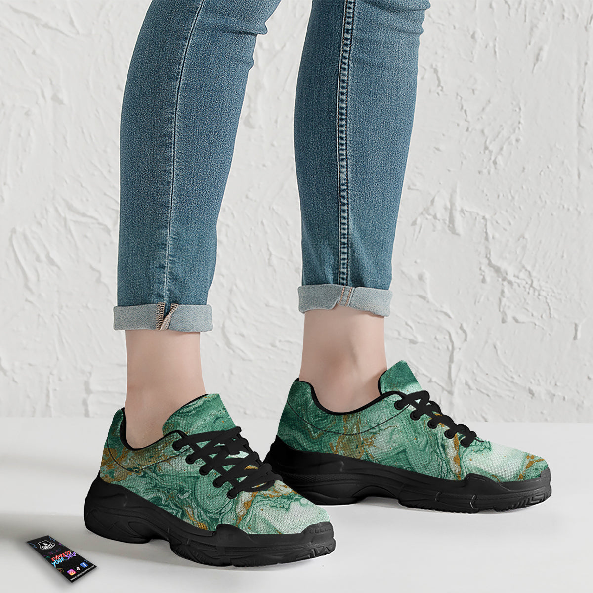 Golden And Green Marble Textue Print Black Chunky Shoes-grizzshop